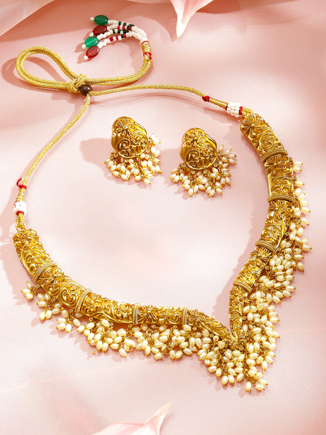 Pearl Beaded Floral Gold Necklace Set