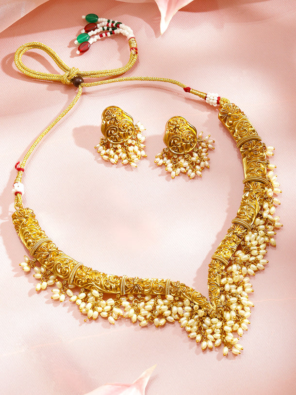 Pearl Beaded Floral Gold Necklace Set