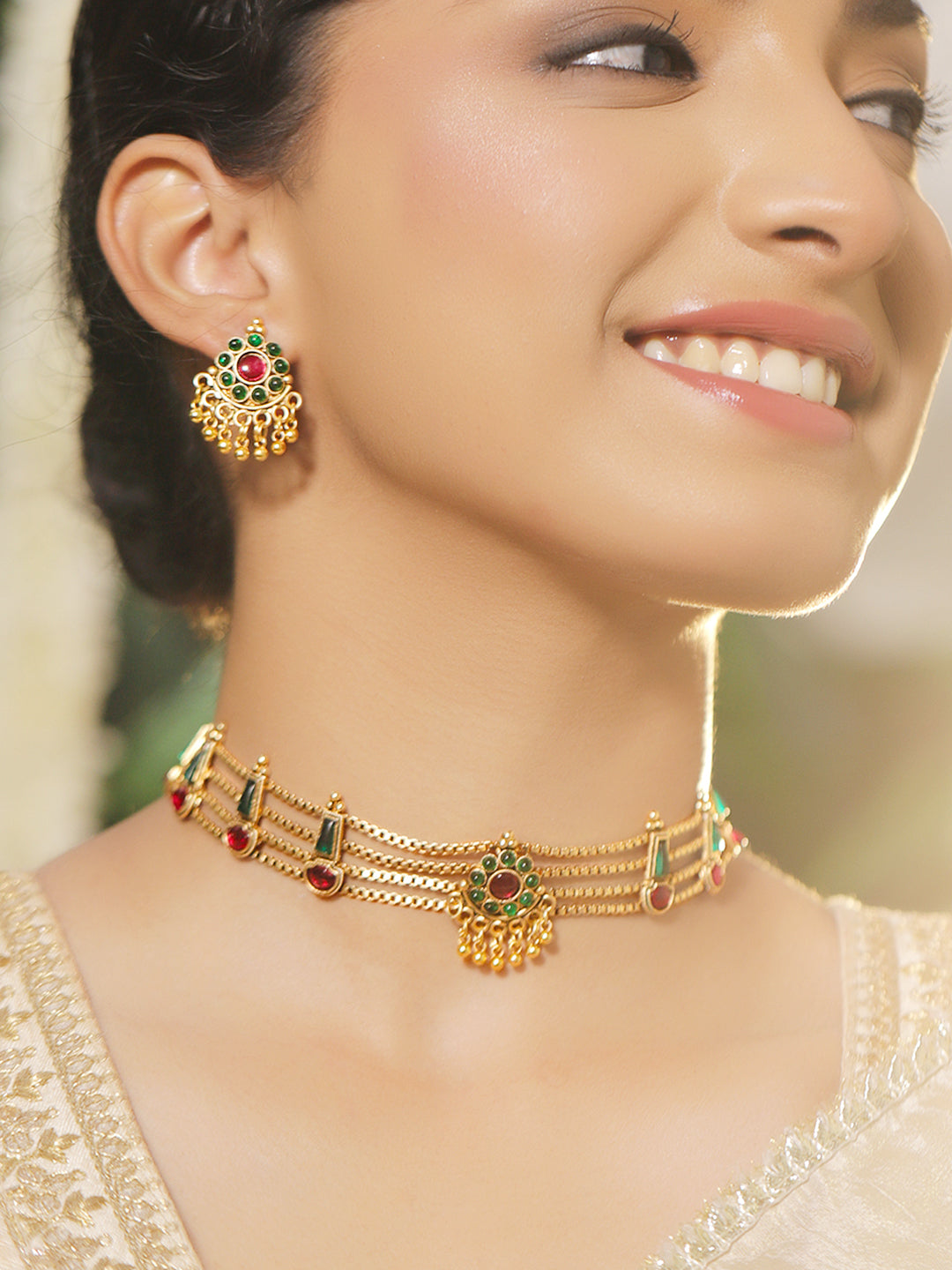 Rubans 18K Gold-Plated Stone-Studded & Beaded Jewellery Set
