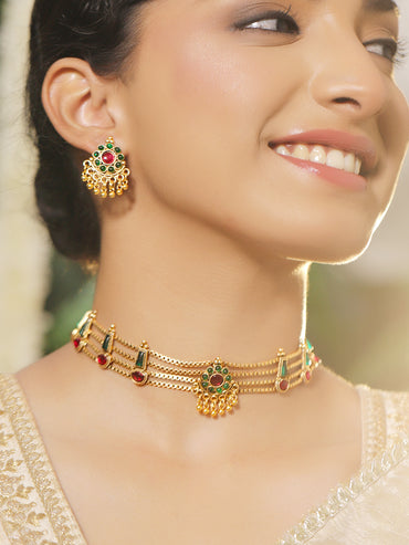 Rubans 18K Gold-Plated Stone-Studded & Beaded Jewellery Set