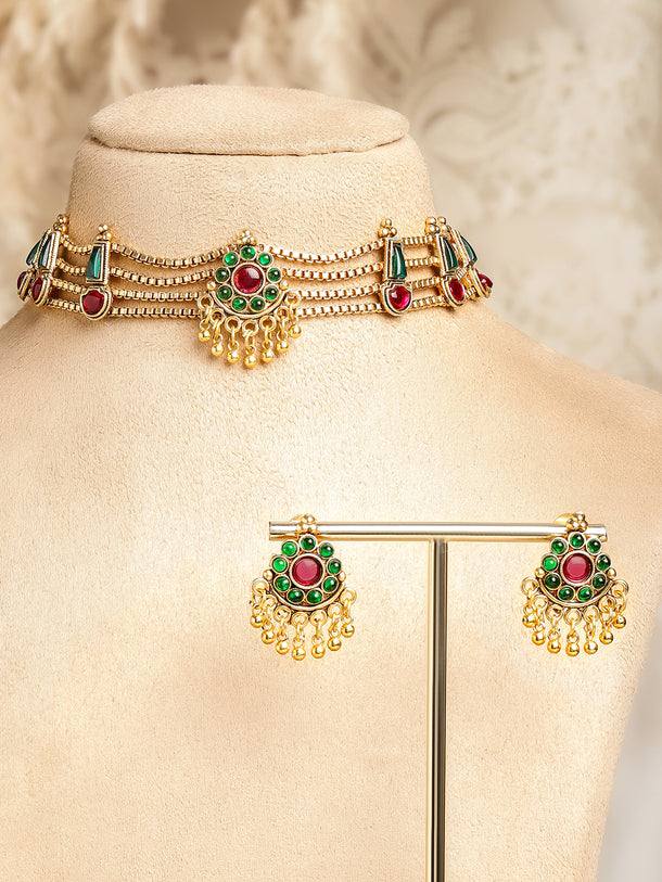 Multicolor Studded Layered Choker Set