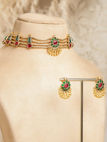 Rubans 18K Gold-Plated Stone-Studded & Beaded Jewellery Set
