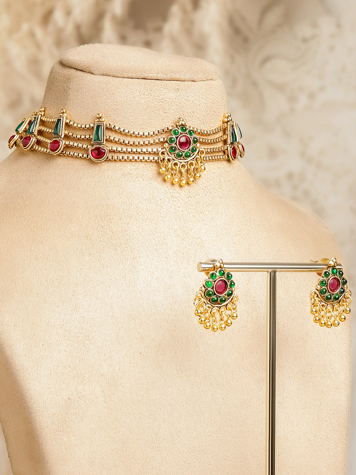 Rubans 18K Gold-Plated Stone-Studded & Beaded Jewellery Set