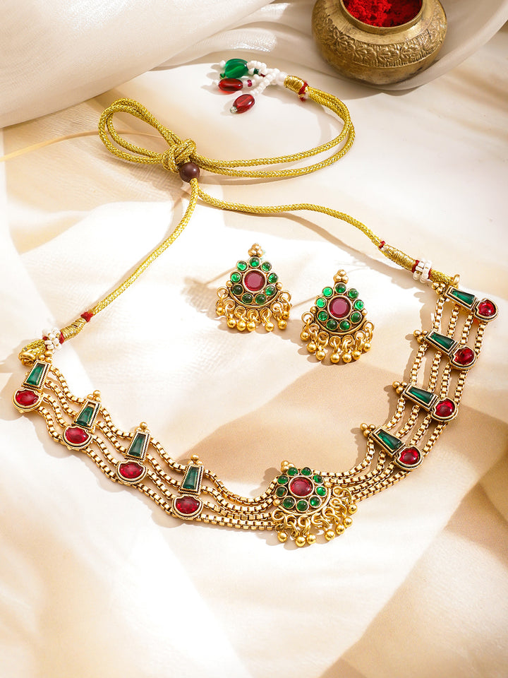 Rubans 18K Gold-Plated Stone-Studded & Beaded Jewellery Set