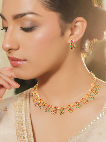 Rubans 22K Gold-Plated Ruby & Emerald Studded Necklace With Earrings