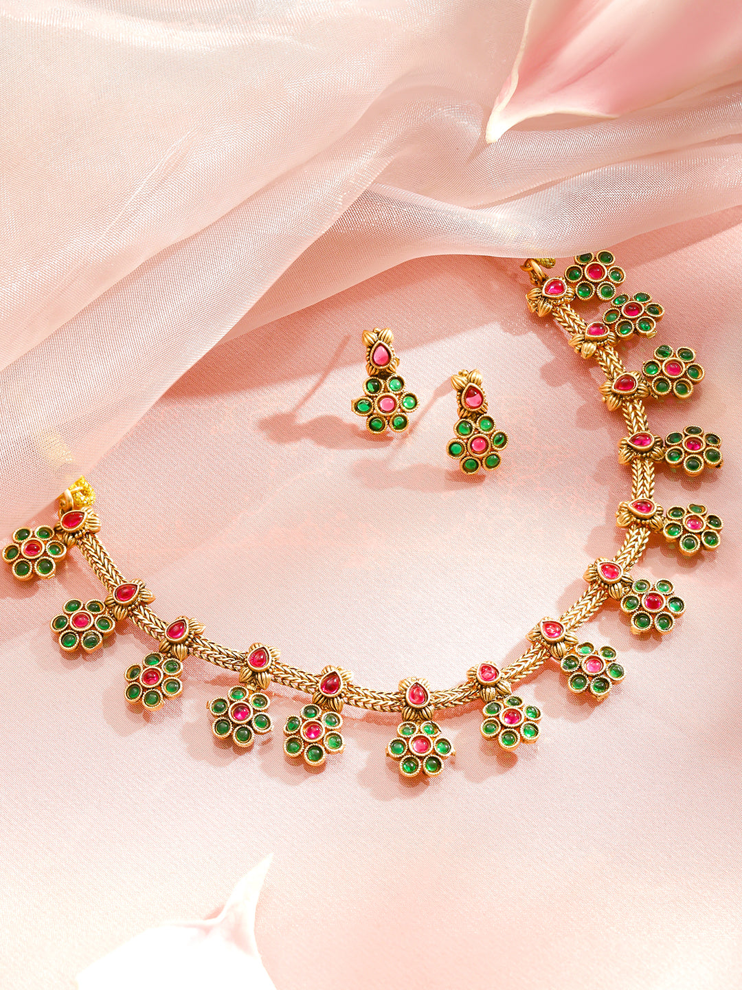 Rubans 22K Gold-Plated Ruby & Emerald Studded Necklace With Earrings