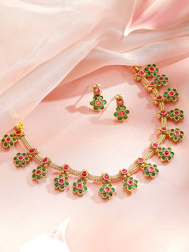 Rubans 22K Gold-Plated Ruby & Emerald Studded Necklace With Earrings