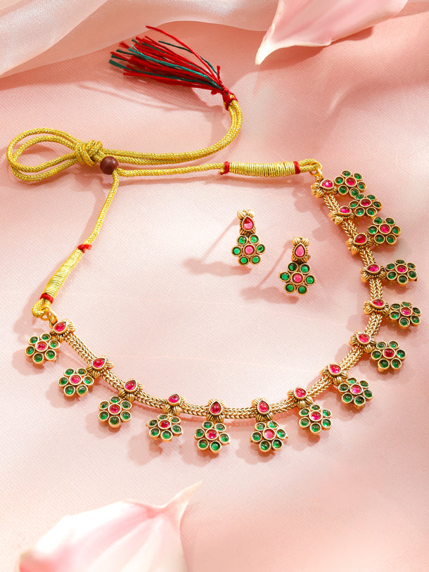 Rubans 22K Gold-Plated Ruby & Emerald Studded Necklace With Earrings