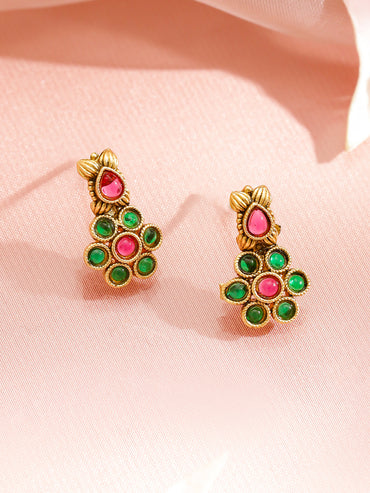 Rubans 22K Gold-Plated Ruby & Emerald Studded Necklace With Earrings