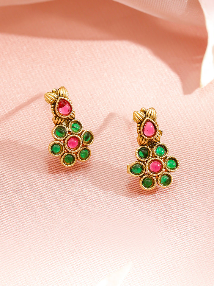 Rubans 22K Gold-Plated Ruby & Emerald Studded Necklace With Earrings