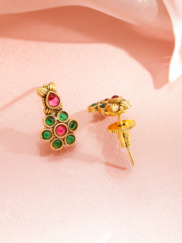 Rubans 22K Gold-Plated Ruby & Emerald Studded Necklace With Earrings