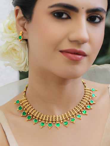 Rubans Women 22K Gold-Plated Brass Emerald Green Stone-Studded Ethnic Jewellery Set