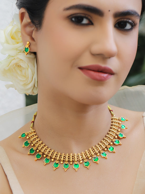 Rubans Women 22K Gold-Plated Brass Emerald Green Stone-Studded Ethnic Jewellery Set