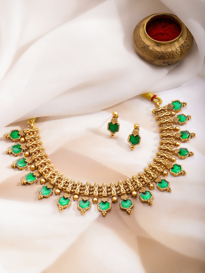 Rubans Women 22K Gold-Plated Brass Emerald Green Stone-Studded Ethnic Jewellery Set