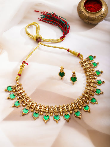 Rubans Women 22K Gold-Plated Brass Emerald Green Stone-Studded Ethnic Jewellery Set