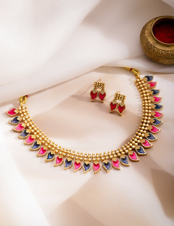 Pink & Blue Studded Gold Necklace Set
