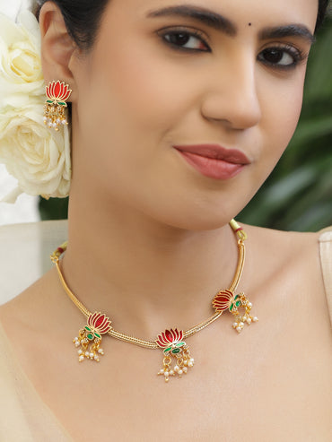 Rubans 22K Gold-Plated Pearls Beaded Enamelled Jewellery Set