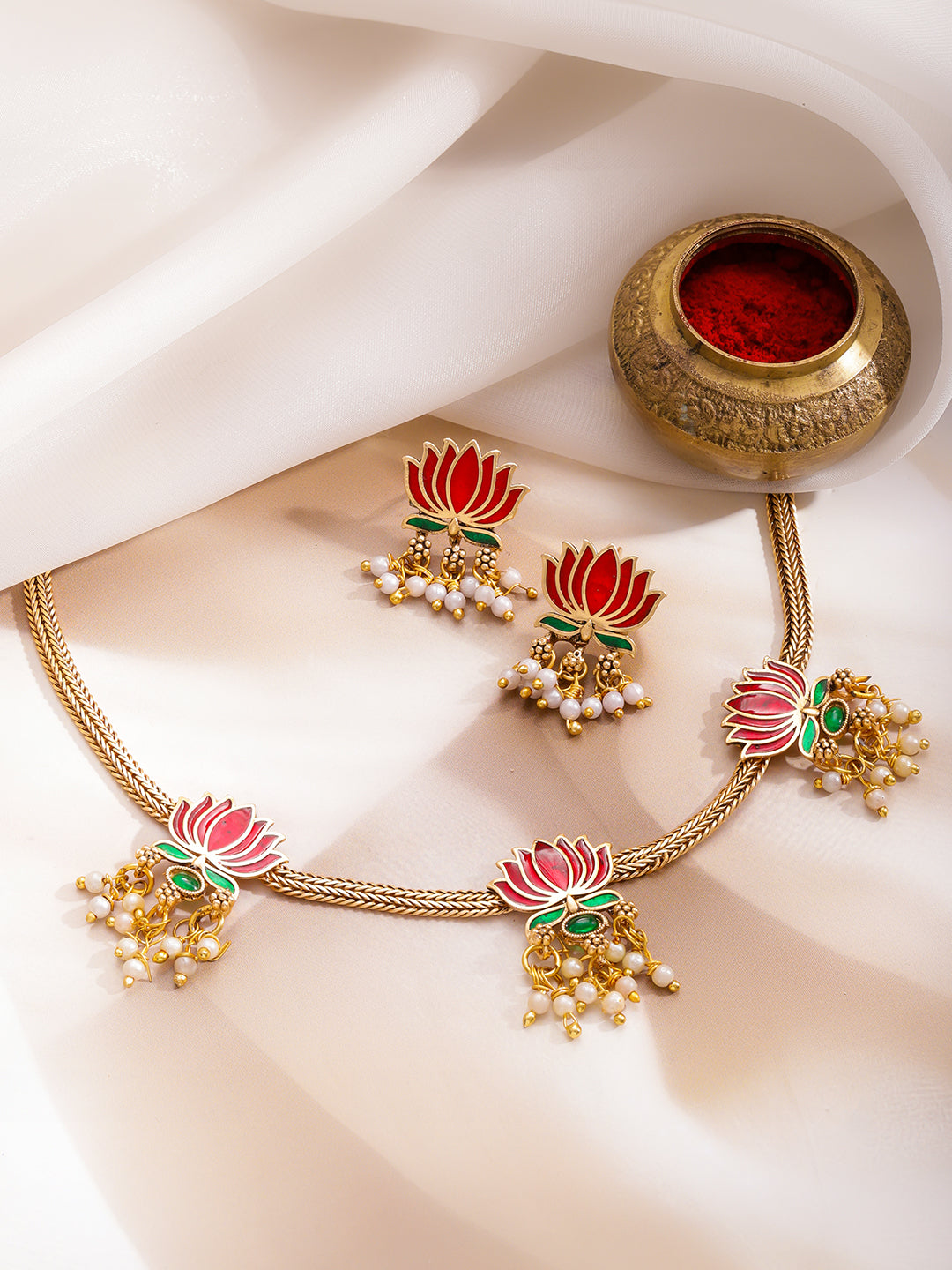 Rubans 22K Gold-Plated Pearls Beaded Enamelled Jewellery Set