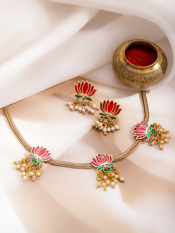 Lotus Motif Pearl Drop Necklace Set