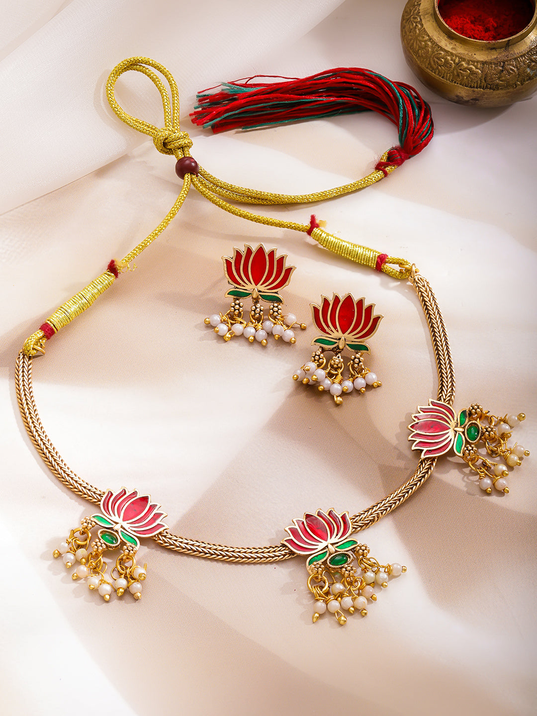 Rubans 22K Gold-Plated Pearls Beaded Enamelled Jewellery Set