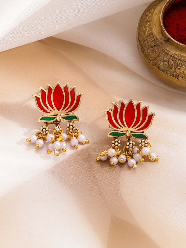 Lotus Motif Pearl Drop Necklace Set