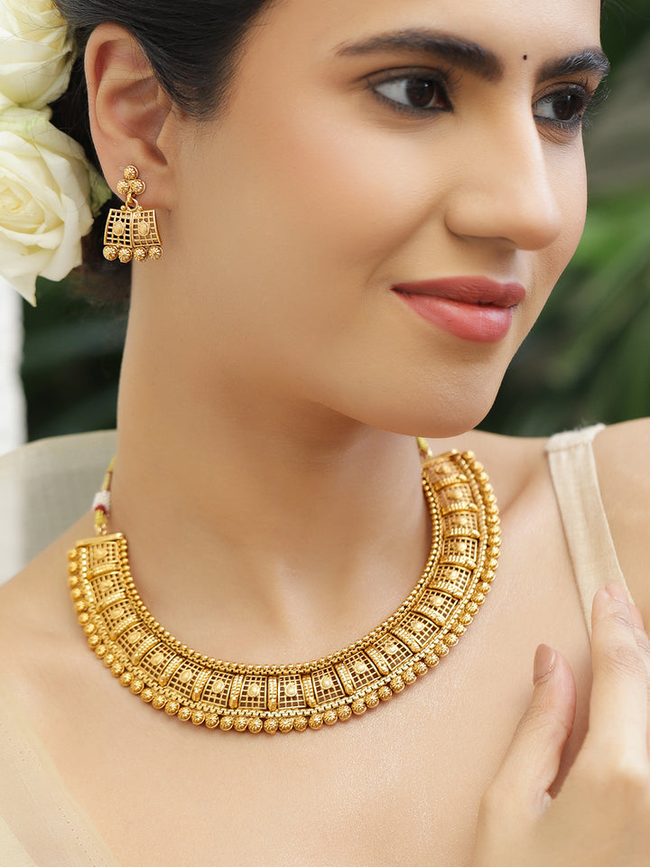 Rubans 22K Gold-Plated Brass Geometric Embossed Golden Beaded Necklace Set
