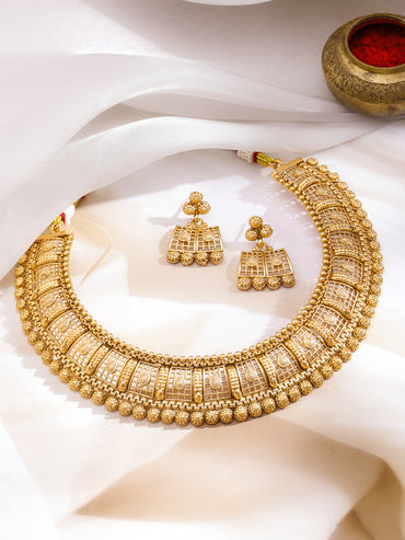 Rubans 22K Gold-Plated Brass Geometric Embossed Golden Beaded Necklace Set