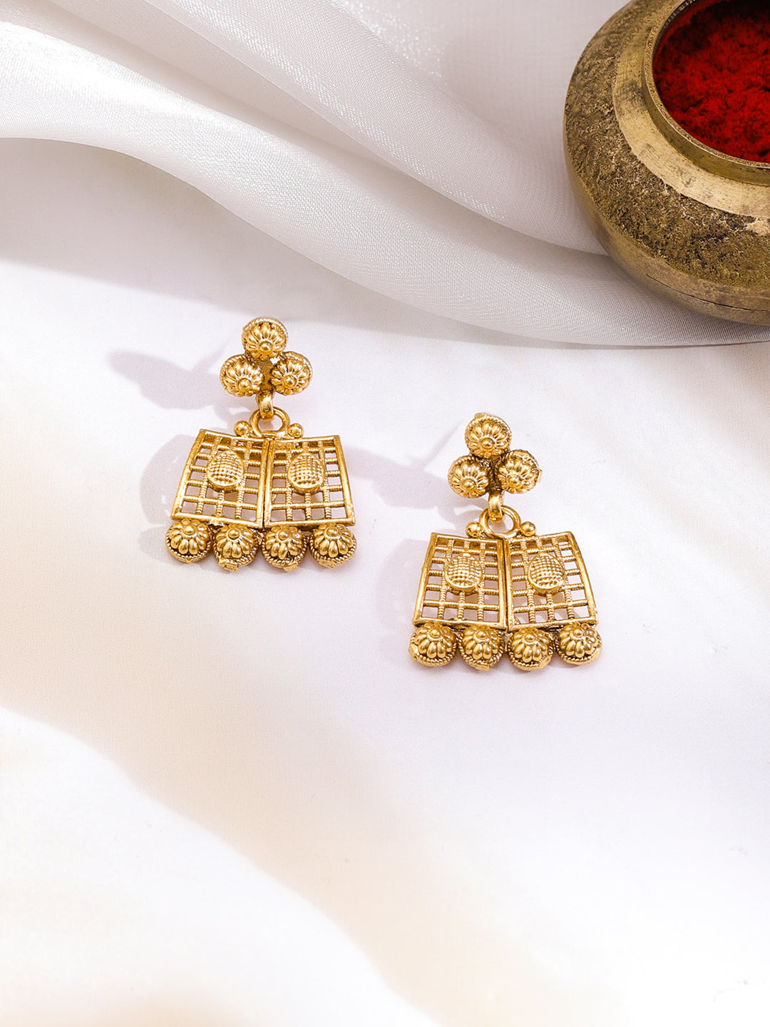 Rubans 22K Gold-Plated Brass Geometric Embossed Golden Beaded Necklace Set