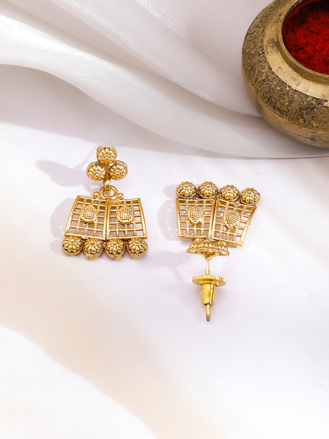 Rubans 22K Gold-Plated Brass Geometric Embossed Golden Beaded Necklace Set