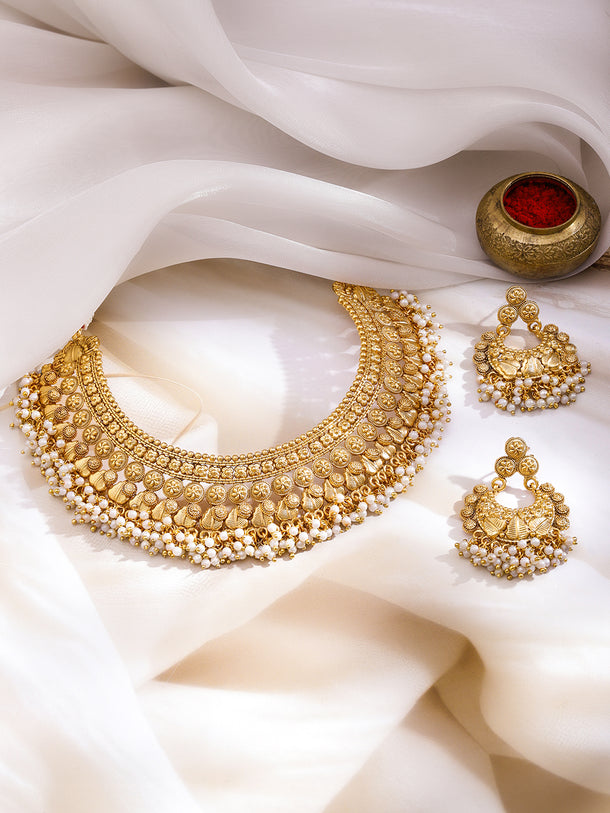 Floral Design Pearl Drop Gold Necklace Set