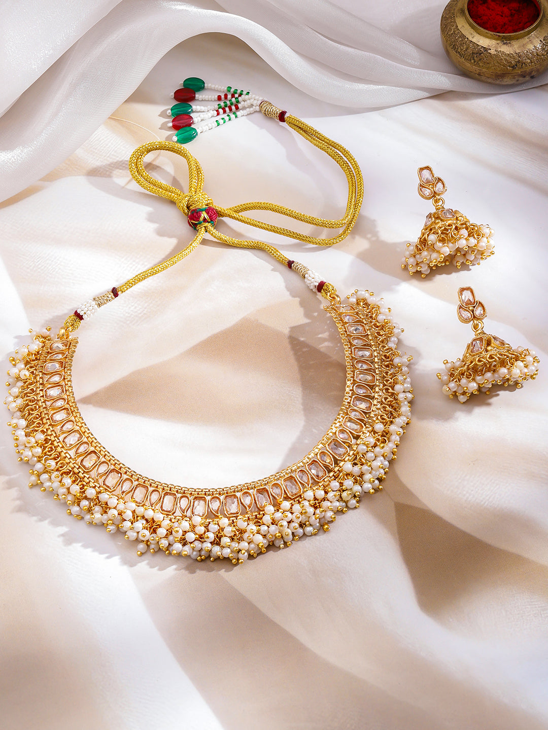 White Studded Pearl Drop gold Necklace Set