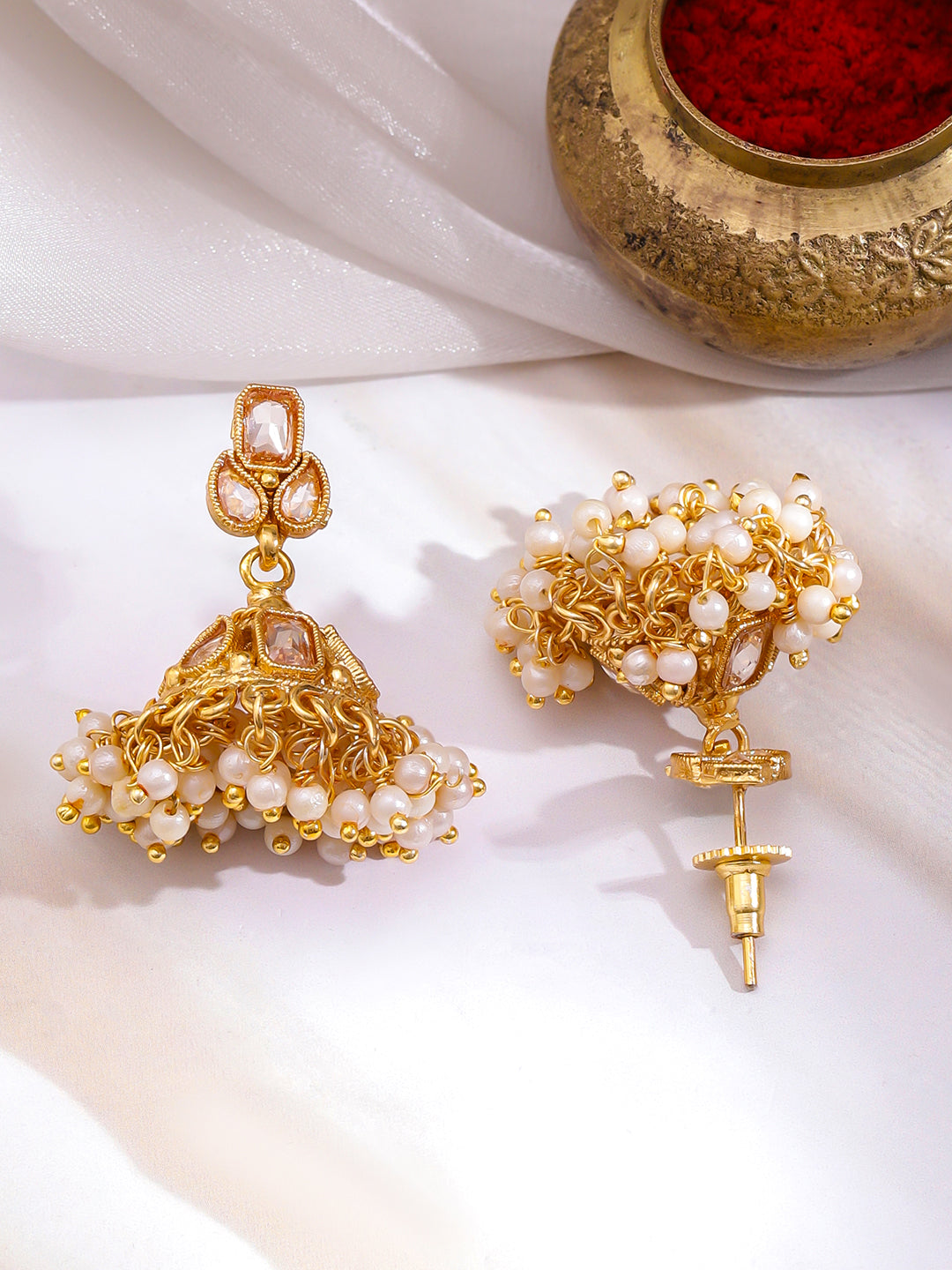 White Studded Pearl Drop gold Necklace Set