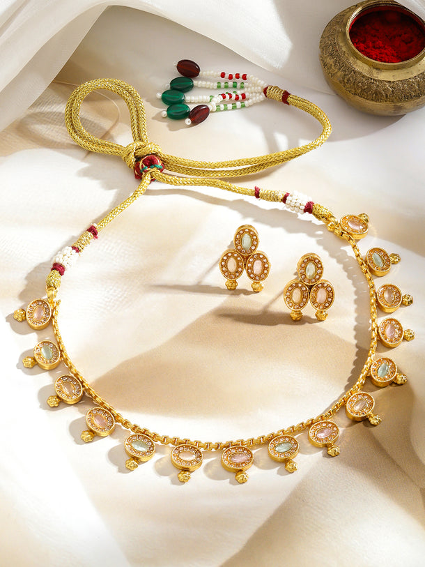 Multicolor Studded Gold Necklace Set