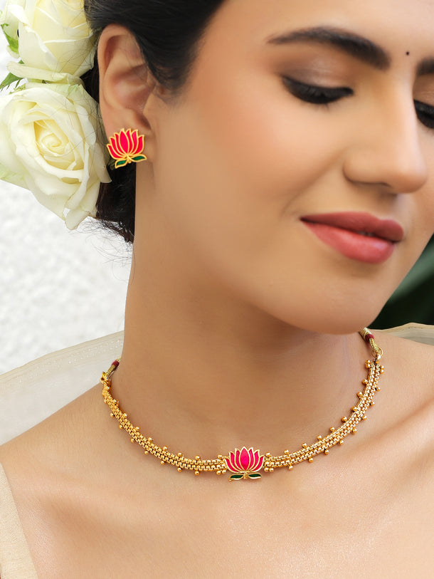 Lotus Motif Gold beads Choker Necklace Set