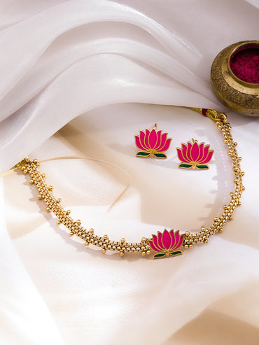 Lotus Motif Gold beads Choker Necklace Set