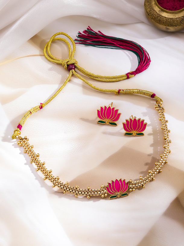 Lotus Motif Gold beads Choker Necklace Set
