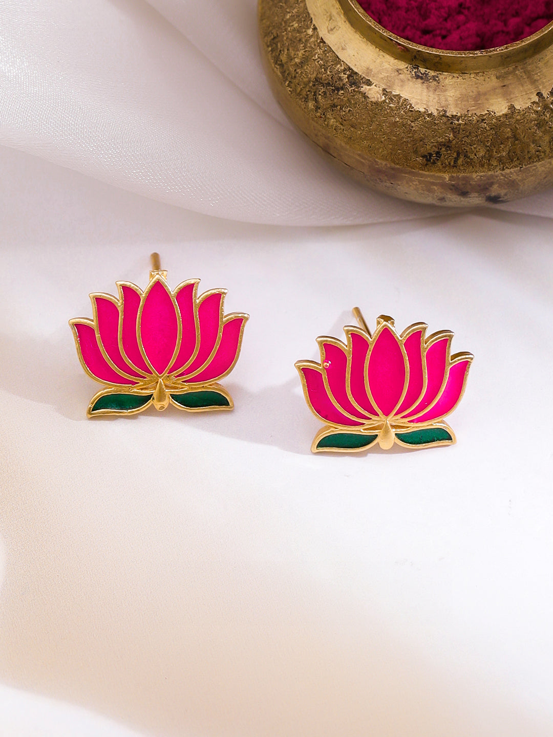 Rubans 22K Gold-Plated Pink Lotus Enamel Choker Necklace Set with Green Detailing