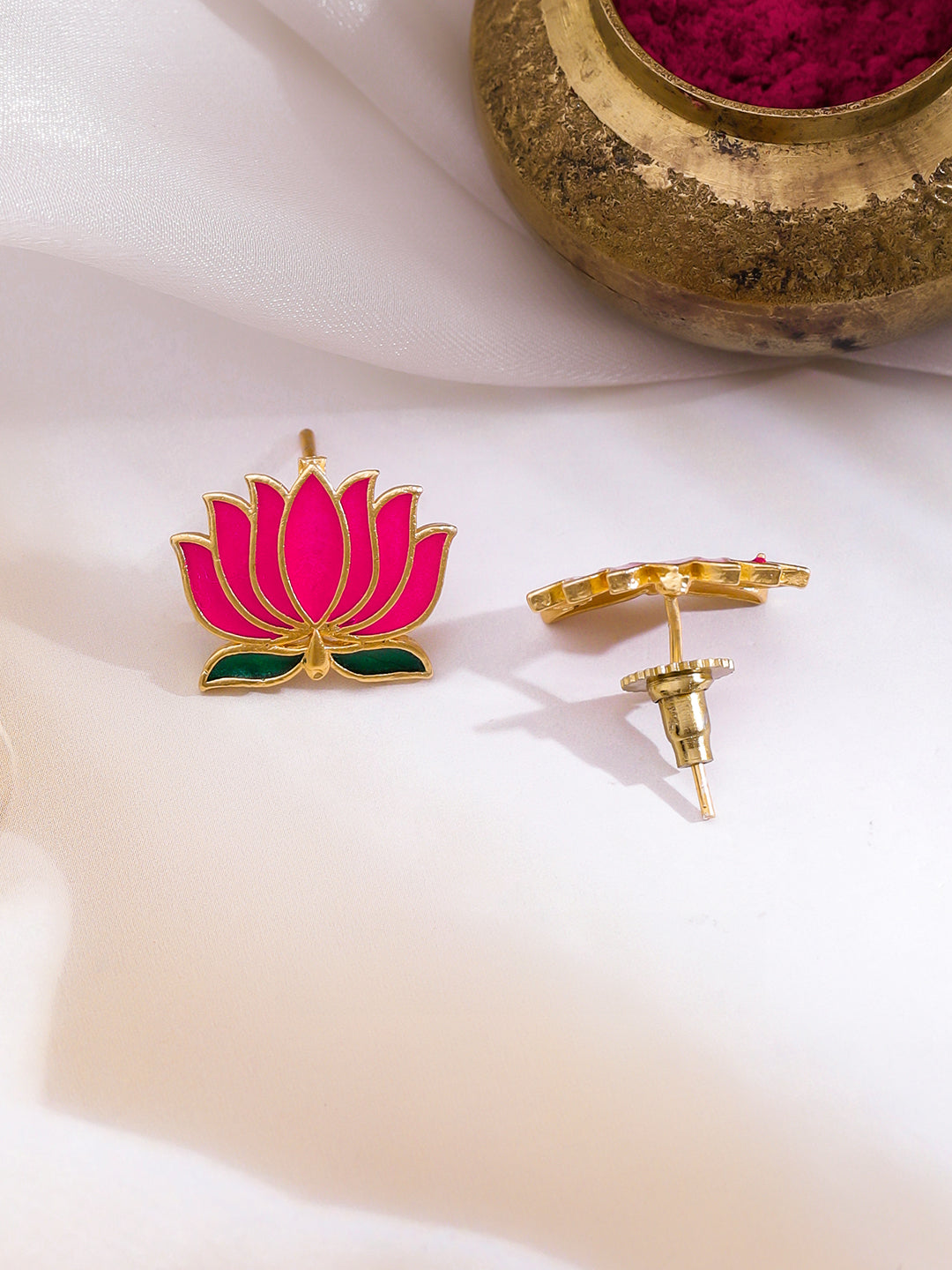 Rubans 22K Gold-Plated Pink Lotus Enamel Choker Necklace Set with Green Detailing