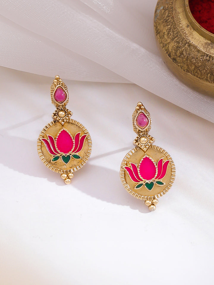 Rubans 22K Gold-Plated Pink Lotus Enamel Necklace Set with Matching Earrings