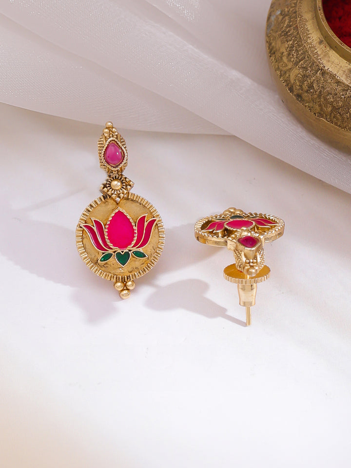 Rubans 22K Gold-Plated Pink Lotus Enamel Necklace Set with Matching Earrings