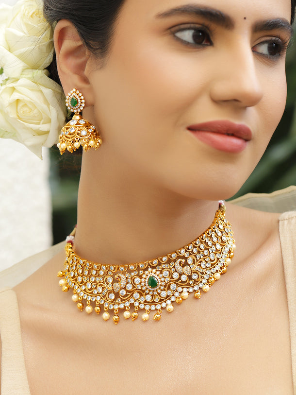 Floral Glory Green & Golden Necklace Set