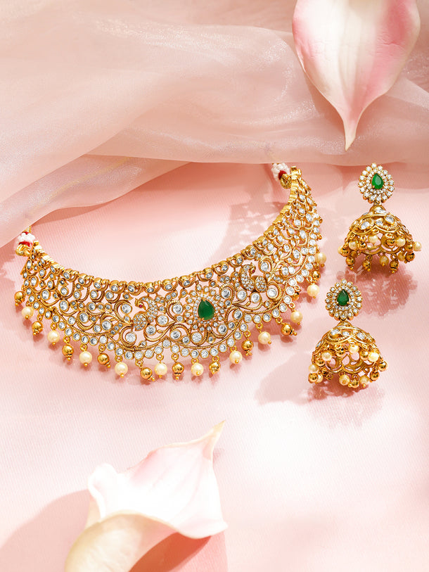 Floral Glory Green & Golden Necklace Set