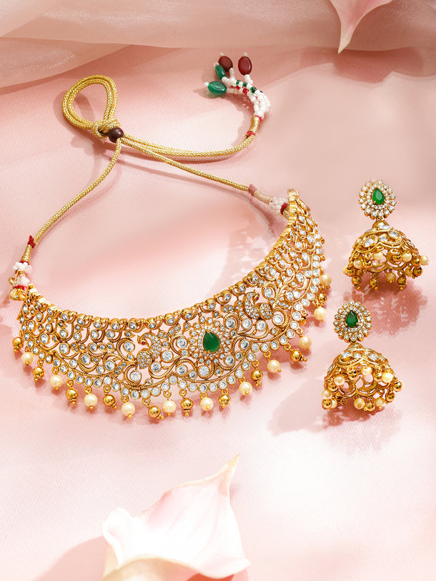 Floral Glory Green & Golden Necklace Set