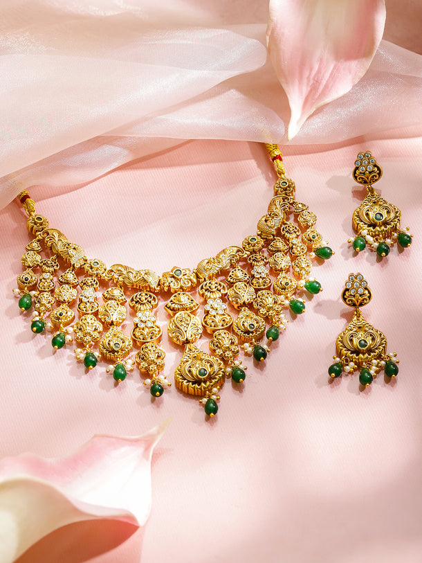 Green Beaded White Studded Gold Necklace Set