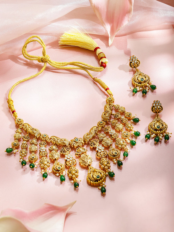 Green Beaded White Studded Gold Necklace Set