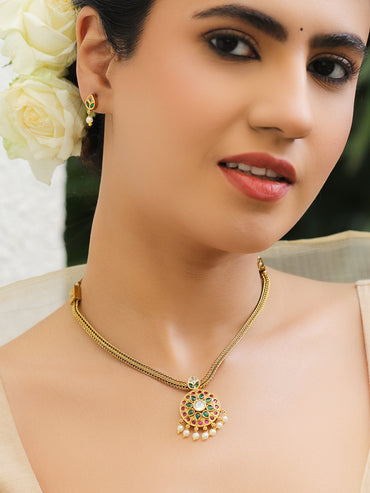 Rubans 18K Gold-Plated Brass Necklace Set with Ruby & Green Stones and Pearls
