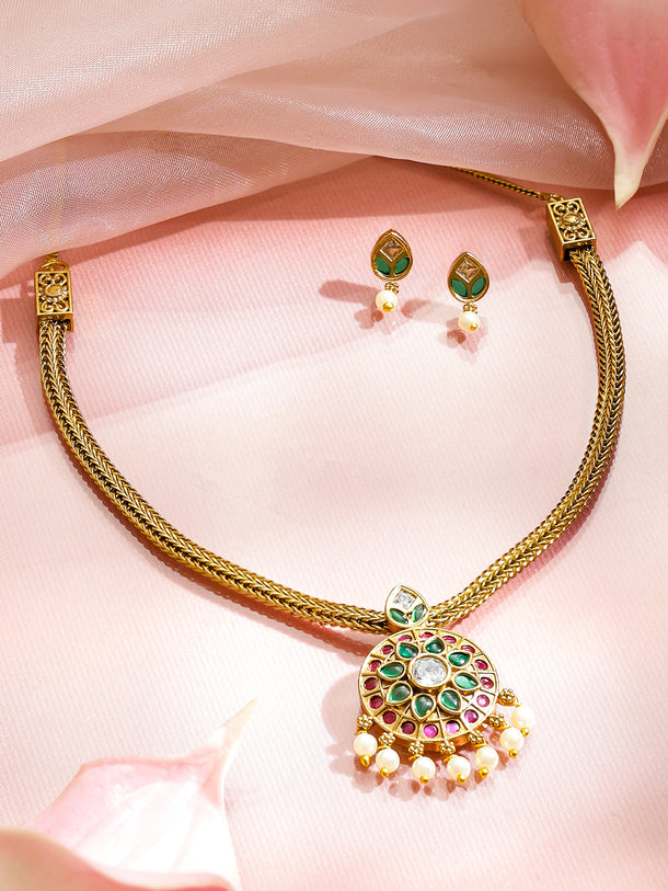 Pink & Green Studded Pearl Drop Necklace Set