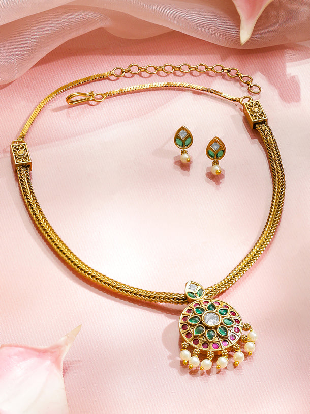 Pink & Green Studded Pearl Drop Necklace Set