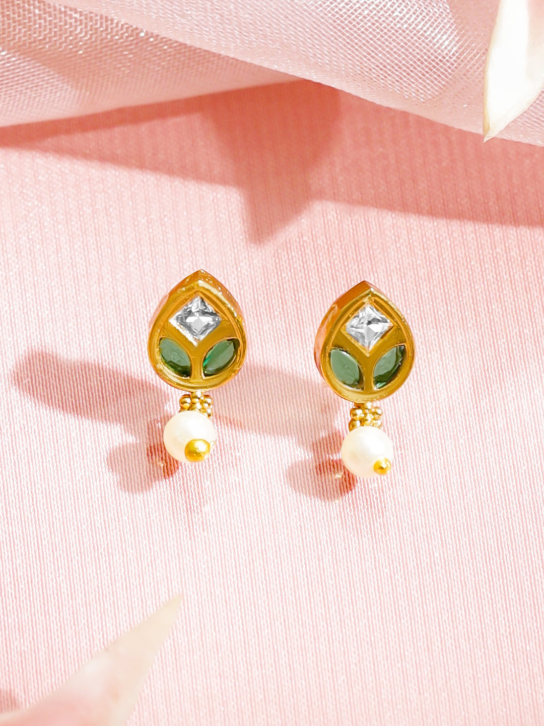 Rubans 18K Gold-Plated Brass Necklace Set with Ruby & Green Stones and Pearls