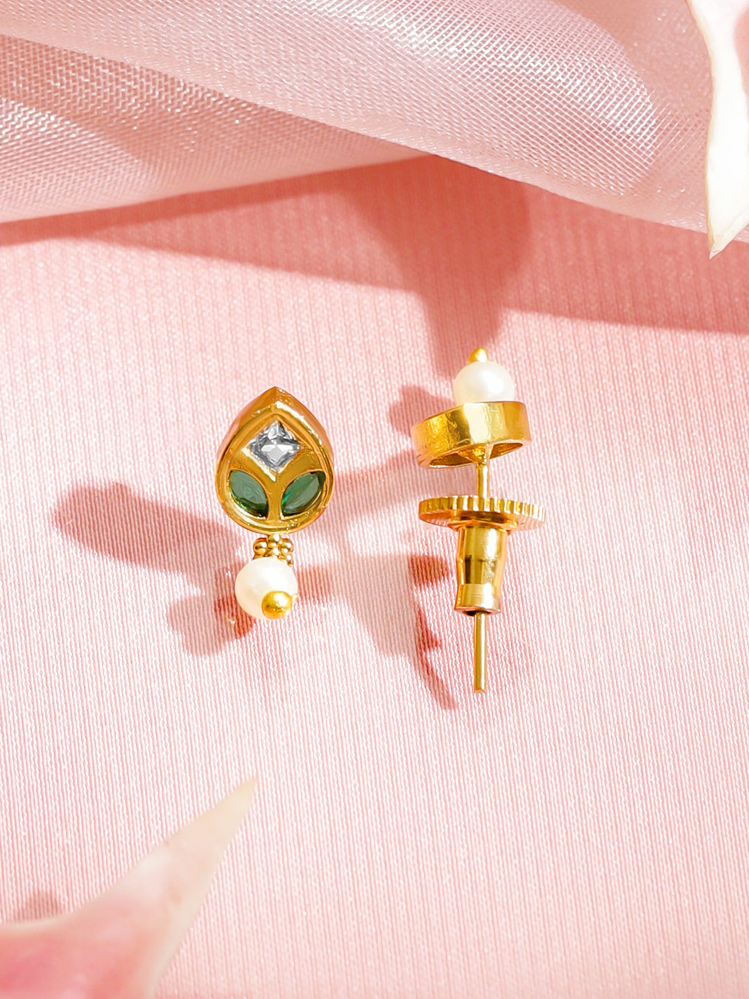 Rubans 18K Gold-Plated Brass Necklace Set with Ruby & Green Stones and Pearls